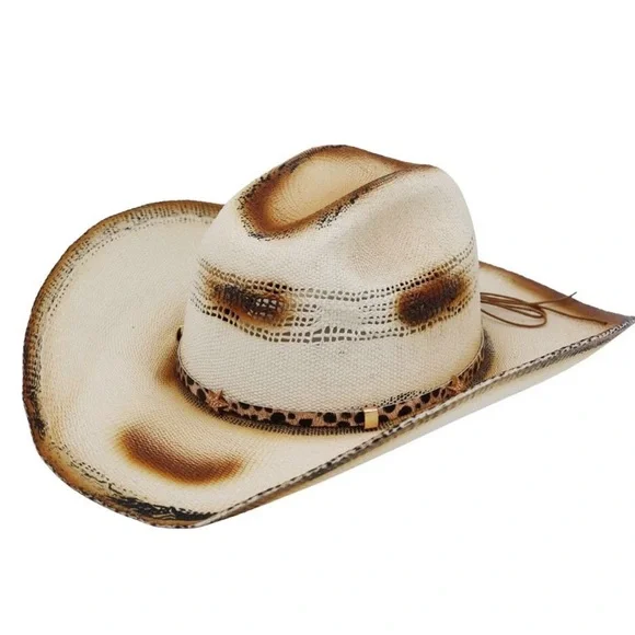Leopard Print Leather Band Distressed 2-Tone Western Straw Cowboy Hat